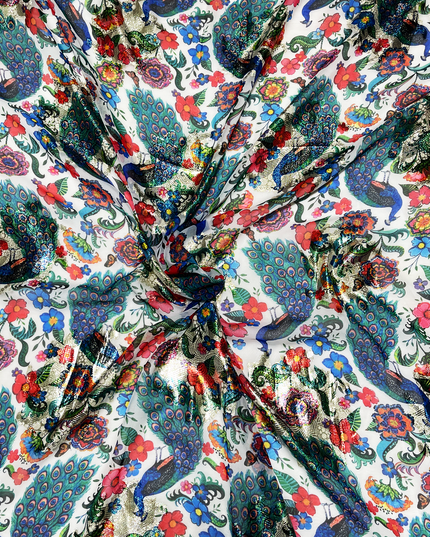 Georgette Jari Peacock Print Fabric