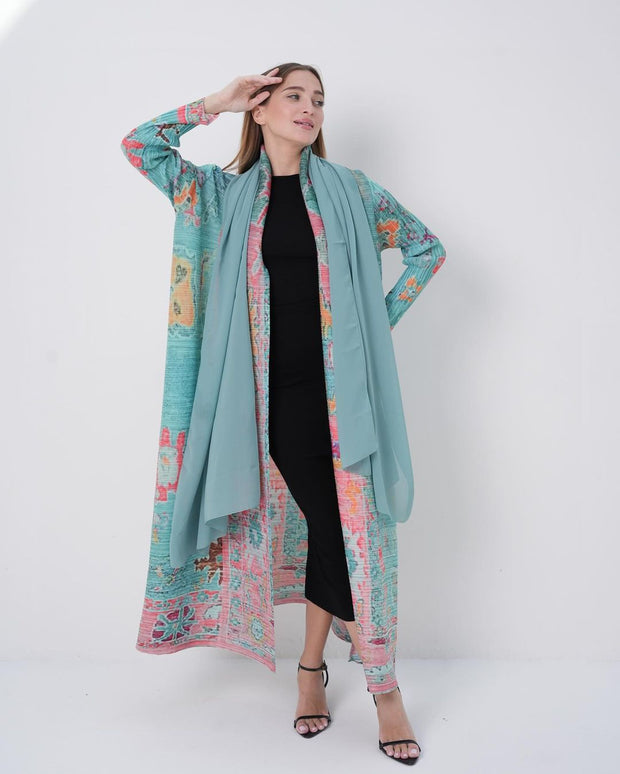 Pleated Printed Long Shrug