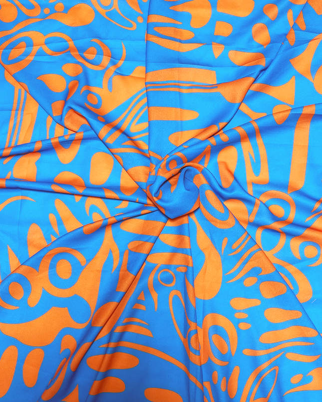 Double Georgette Blue and Orange Abstract Print Fabric