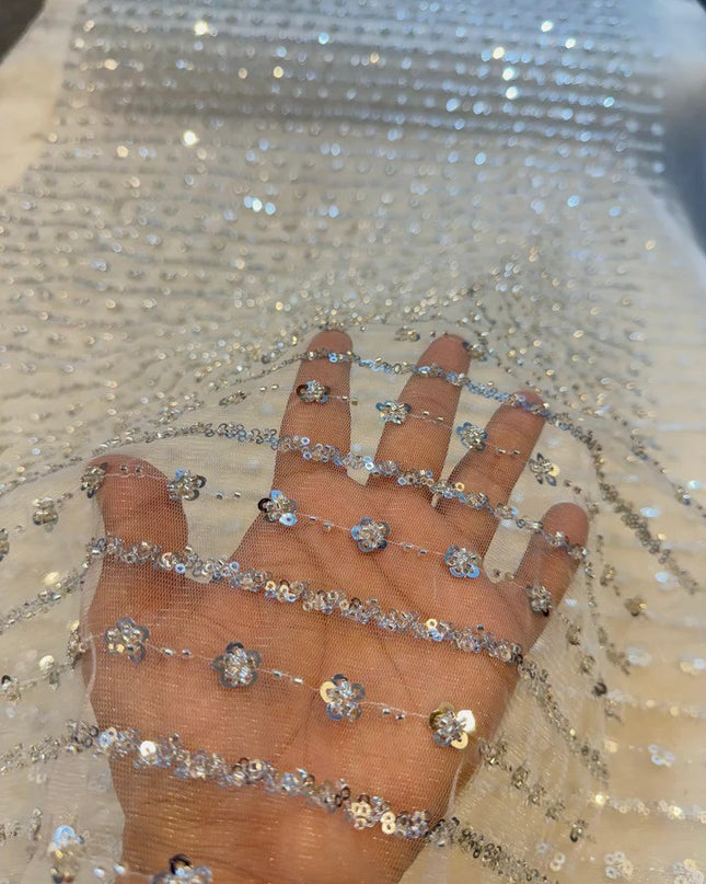 HANDWORK NET EMBROIDERY WITH CUTDANA AND SEQUINS STRIPES