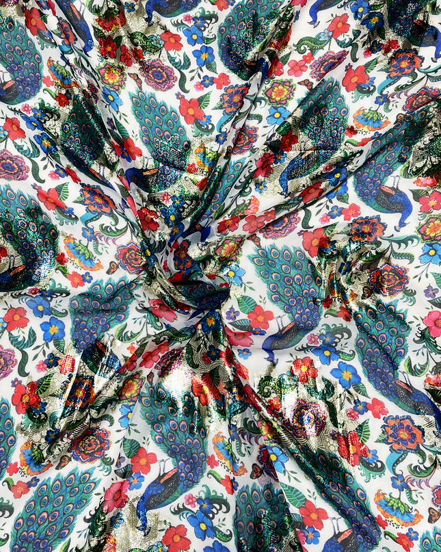 Georgette Jari Peacock Print Fabric