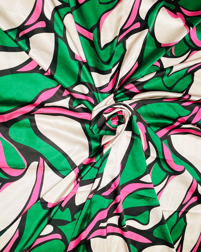 Satin Silk Abstract Green and Pink Digital Print Fabric